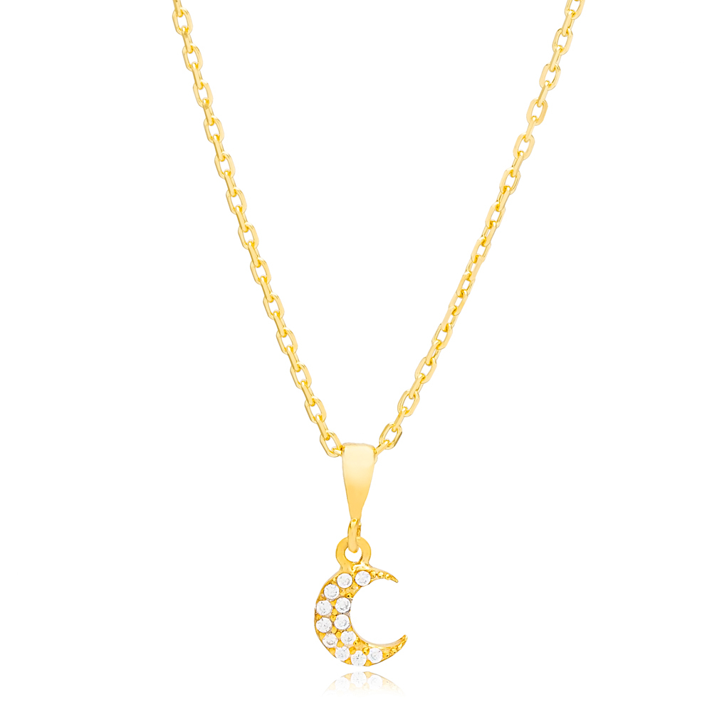 40+5 Cm Tiny Moon Charm Necklace Pendant Turkish Wholesale Handmade 925 Sterling Silver Jewelry