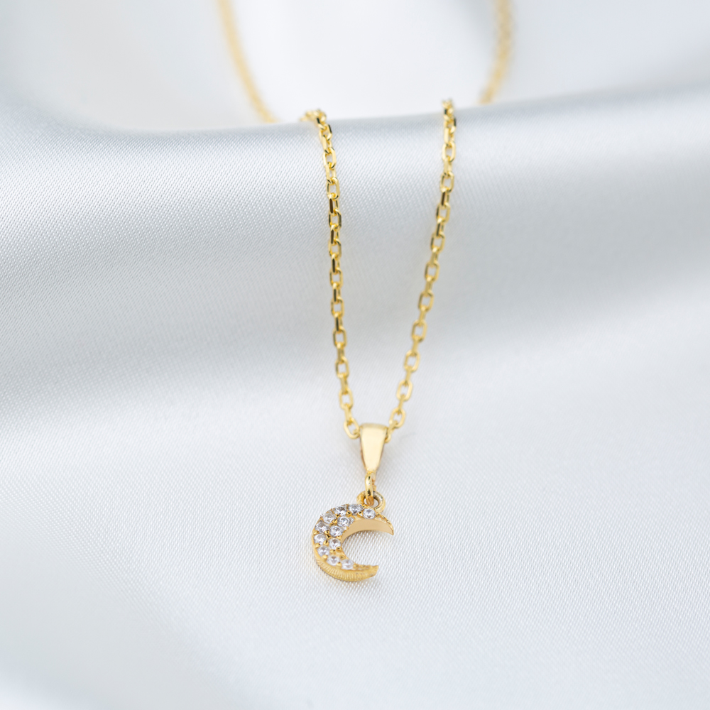 40+5 Cm Tiny Moon Charm Necklace Pendant Turkish Wholesale Handmade 925 Sterling Silver Jewelry