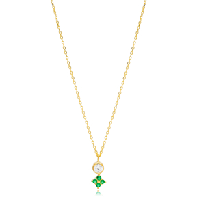Minimalist Flower Charm Emerald Zircon Stone Necklace Pendant 925 Sterling Silver Jewelry