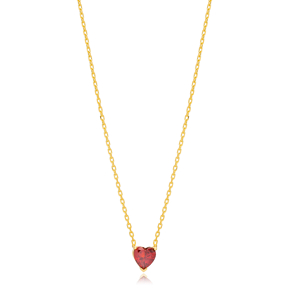 Dainty Garnet Zircon Stone Heart Charm Necklace Pendant Handmade Turkish 925 Sterling Silver Jewelry