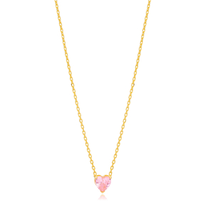 Cute Pink CZ Stone Heart Silver Charm Necklace Pendant