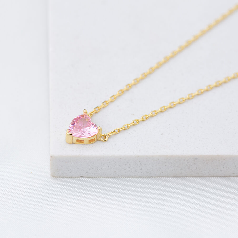 Cute Pink Zircon Stone Heart Charm Necklace Pendant Handmade Turkish 925 Sterling Silver Jewelry