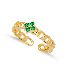Tiny Flower Charm Emerald Zircon Stone Braid Design Adjustable Ring 925 Sterling Silver Jewelry