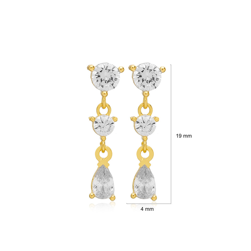 Elegant Triple Zircon Round Pear Shape Drop Stud Earrings 925 Sterling Silver Jewelry