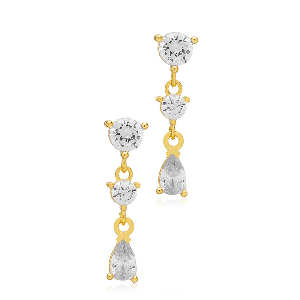 Elegant Triple Zircon Stone Round Pear Shape Drop Stud Earrings 925 Sterling Silver Jewelry