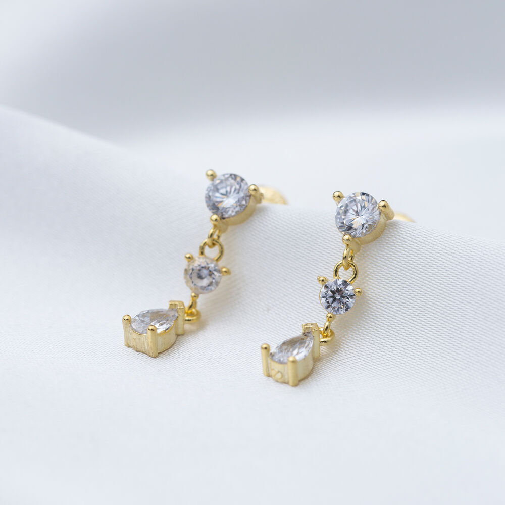 Elegant Triple Zircon Stone Round Pear Shape Drop Stud Earrings 925 Sterling Silver Jewelry