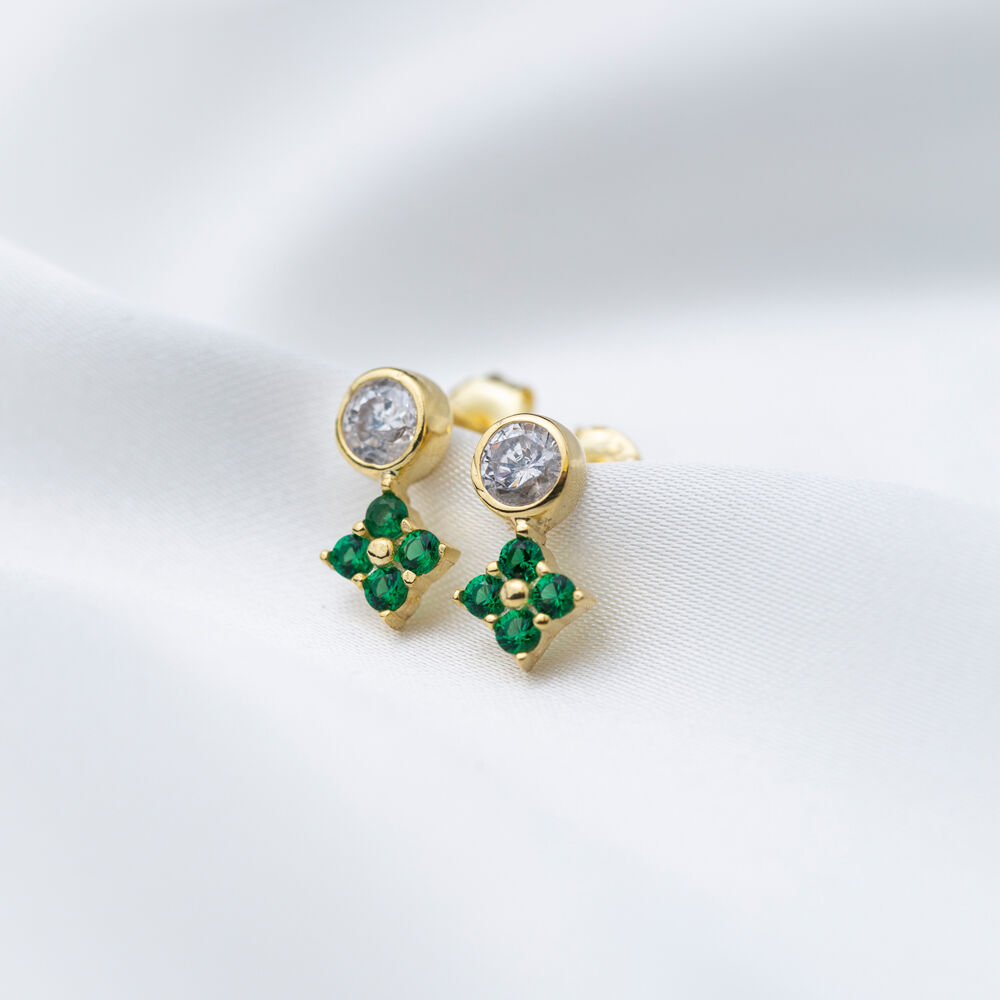 Minimalist Emerald Zircon Flower Shape Stud Earrings Wholesale 925 Sterling Silver Jewelry