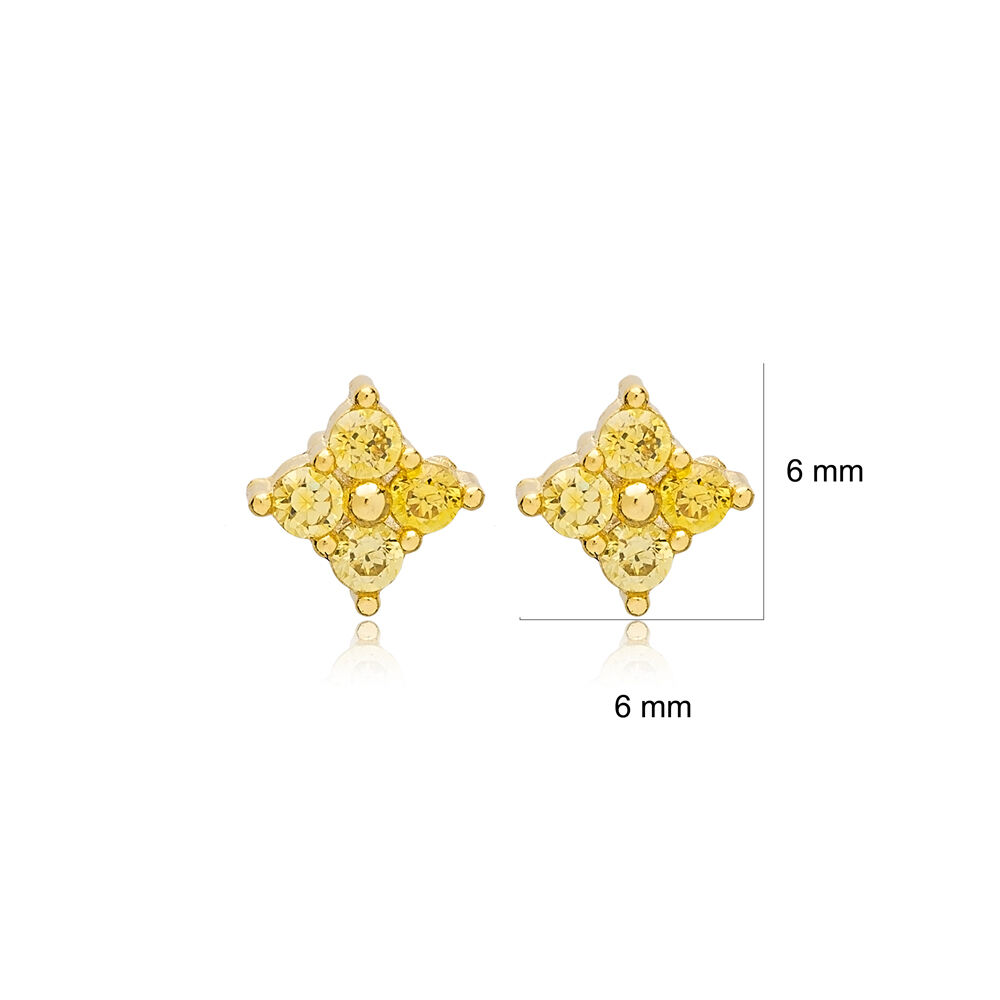Minimalist Light Citrine Zircon Flower Design Stud Earrings Handmade 925 Sterling Silver Jewelry
