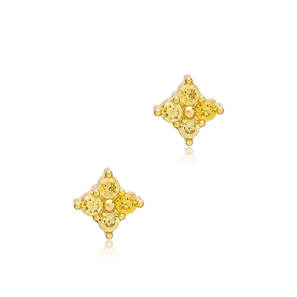 Minimalist Light Citrine Zircon Stone Flower Design Stud Earrings Handmade 925 Sterling Silver Jewelry