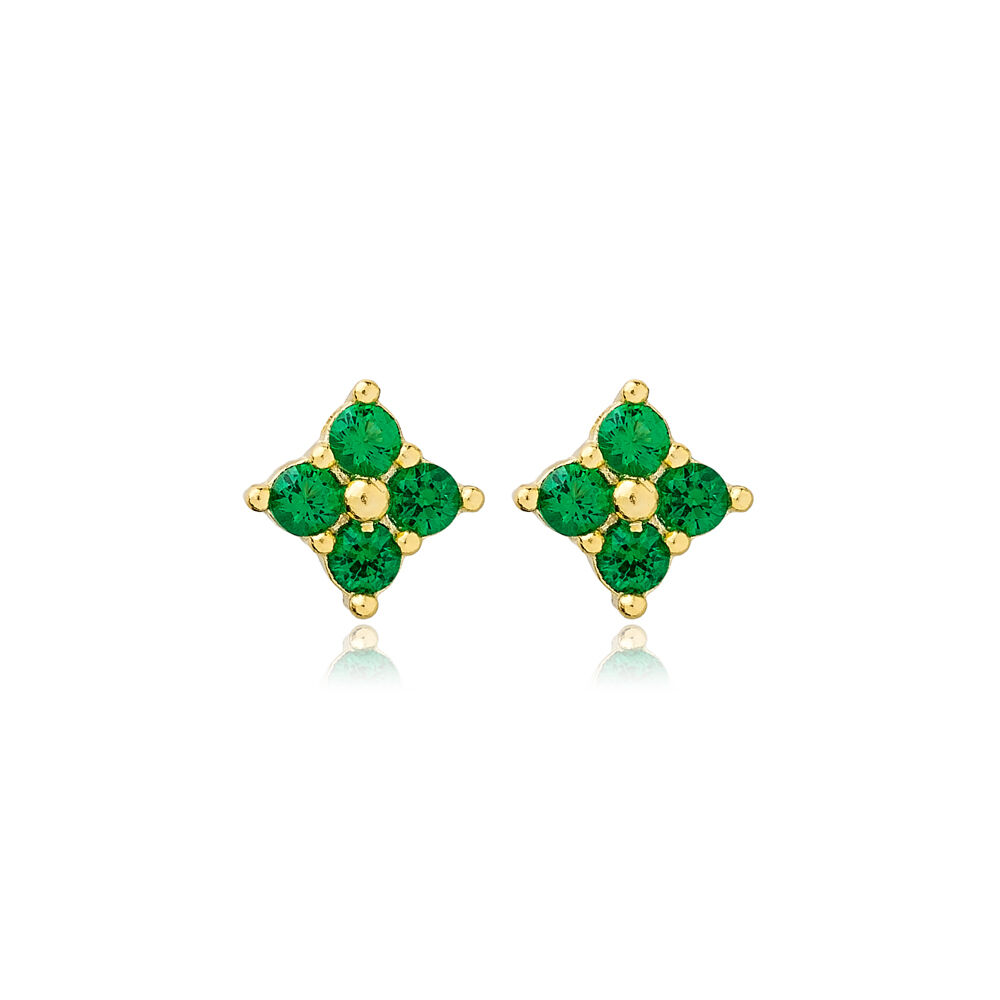 Emerald Zircon Stone Flower Design Stud Earrings Turkish 925 Sterling Silver Jewelry