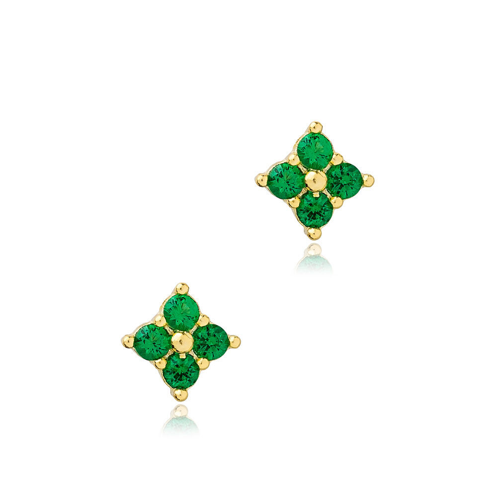 Emerald Zircon Stone Flower Design Stud Earrings Turkish 925 Sterling Silver Jewelry