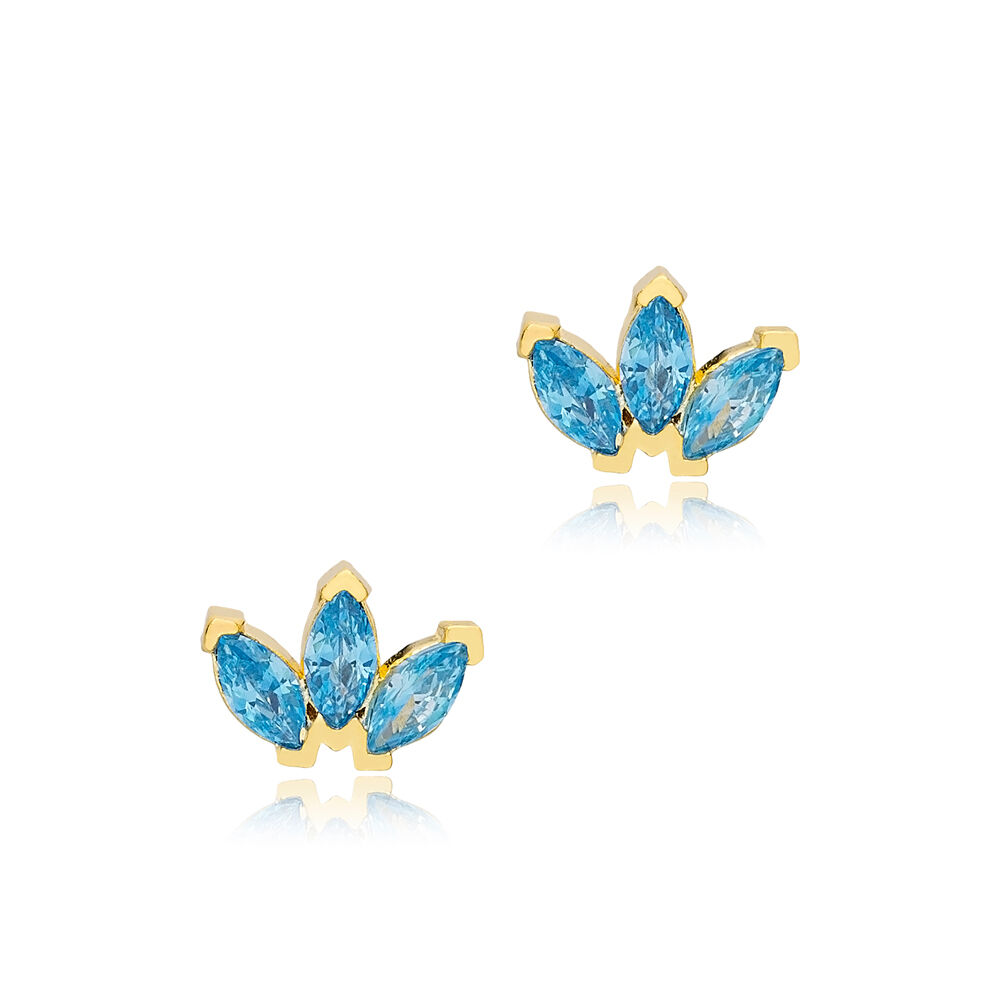Aquamarine Zircon Stone Marquise Design Stud Earrings Turkish 925 Sterling Silver Jewelry