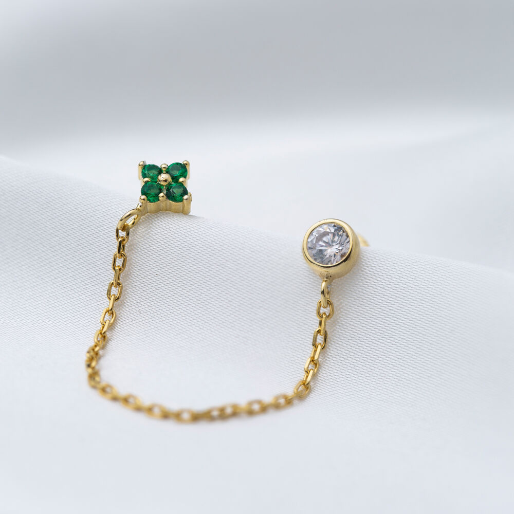 Single Flower Design Tiny Double Stud Earrings Emerald Zircon Stone 925 Sterling Silver Jewelry