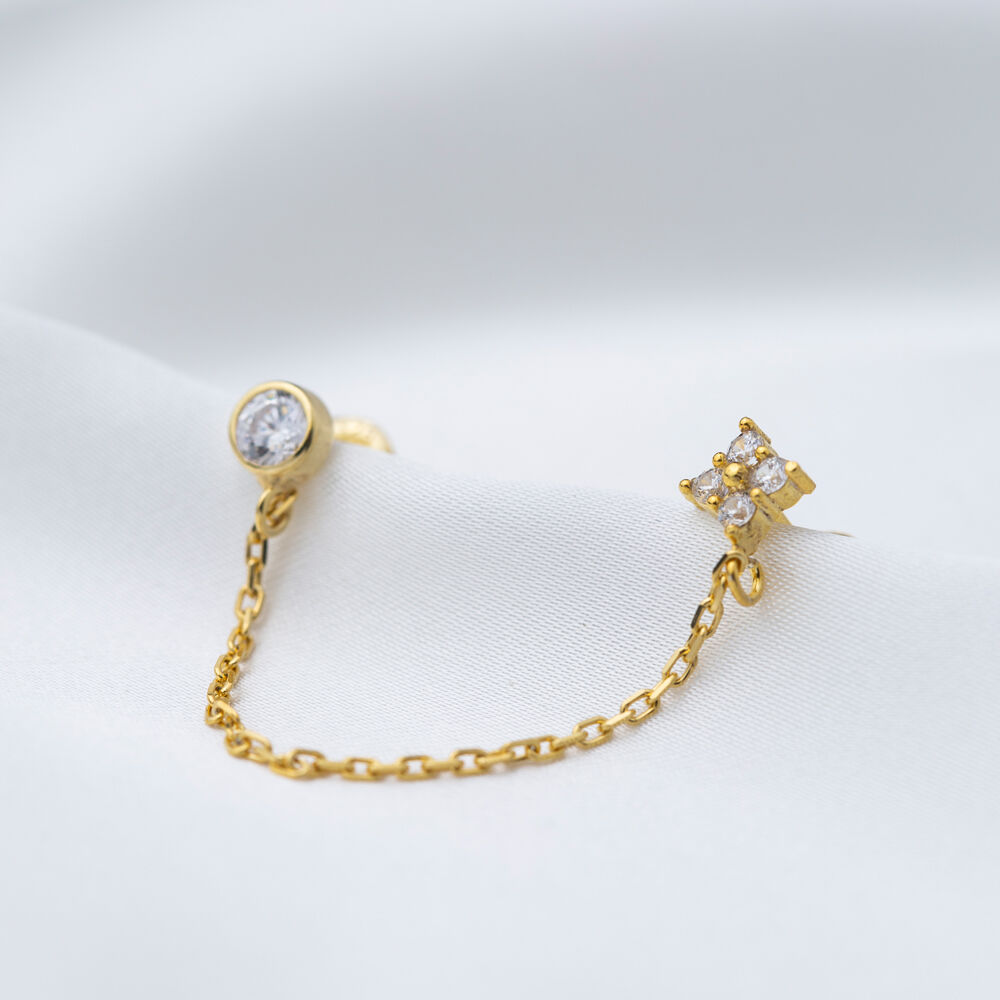 Single CZ Stone Flower Design Tiny Double Stud Earrings Turkish Handmade 925 Sterling Silver Jewelry