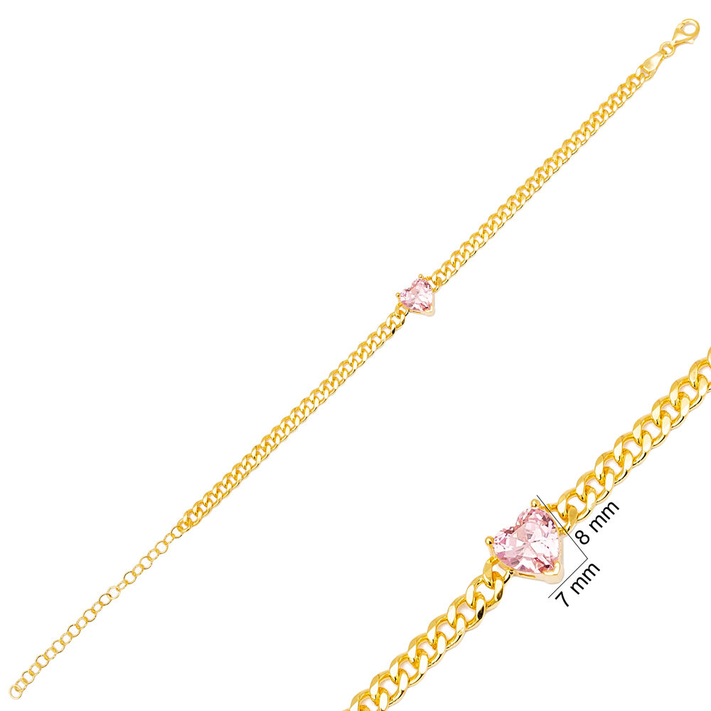 Cute Pink Zircon Heart Design Gourmet Chain Charm Bracelet 925 Sterling Silver Jewelry