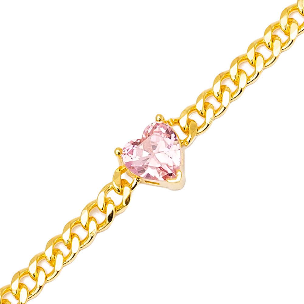 Cute Pink Zircon Heart Design Gourmet Chain Charm Bracelet 925 Sterling Silver Jewelry