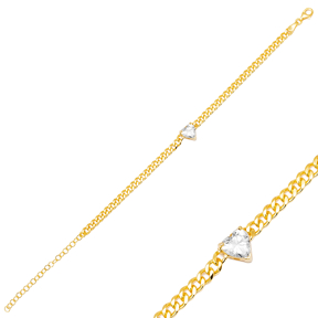 Zircon Stone Heart Design Gourmet Chain Charm Bracelet Turkish 925 Sterling Silver Jewelry