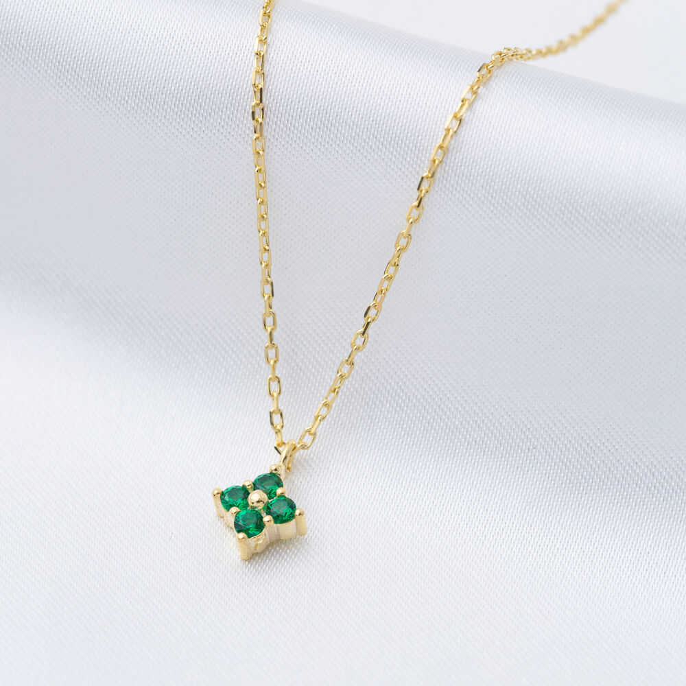 Emerald Zircon Stone Tiny Flower Charm Necklace Pendant Turkish 925 Sterling Silver Jewelry