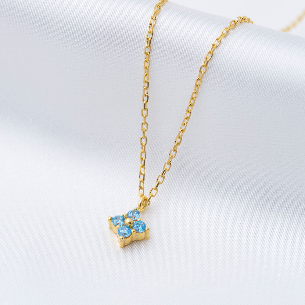 Aquamarine Sone Minimalist Flower Charm Pendant Necklace Handmade 925 Sterling Silver Jewelry