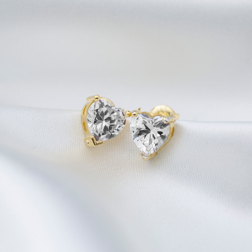 Clear Zircon Stone Heart Shape Stud Earrings Turkish Handmade 925 Sterling Silver Jewelry