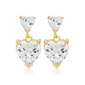 Elegant Zircon Stone Heart Shape Stud Earrings Turkish Handcrafted 925 Sterling Silver Jewelry