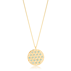 Tradational Round Shape Aquamarine Stone Flower Design Necklace Turkish Wholesale 925 Sterling Silver Jewelry
