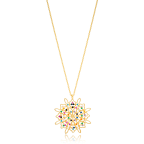 Rainbow Colorful Zircon Stone Flower Design Necklace Pendant Turkish Wholesale 925 Sterling Silver Jewelry