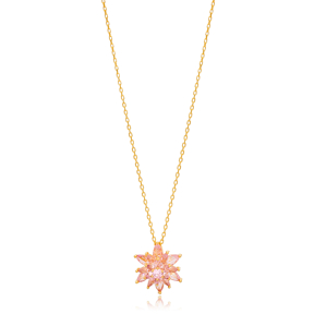 Cute Pink Zircon Stone Unique Flower Design Charm Pendant Necklace 925 Sterling Silver Jewelry