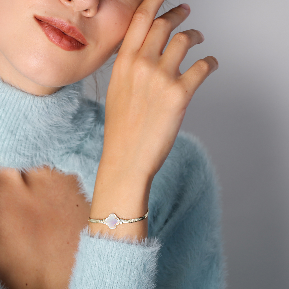 Trendy Four Clover Design Mother of Pearl Stone Charm Bracelet Handmade Wholesale Turkish 925 Sterling Silver Jewelry
