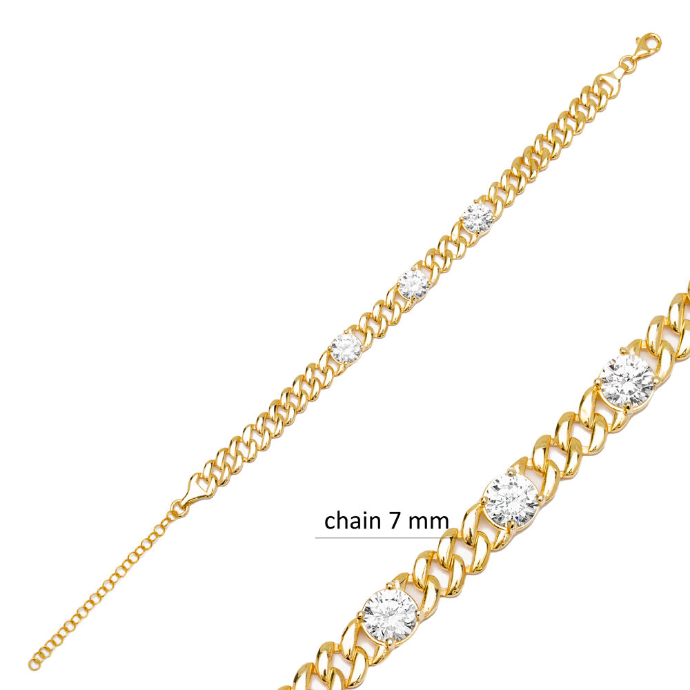 Round Zircon Stone Gourmet Chain Bracelet Wholesale Turkish Handcrafted 925 Sterling Silver Jewelry