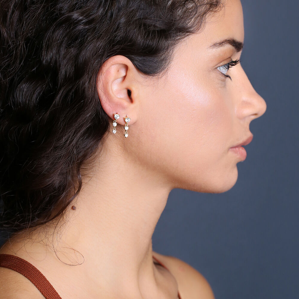 Dainty Three Clear Zircon Stone Design Stud Long Earrings