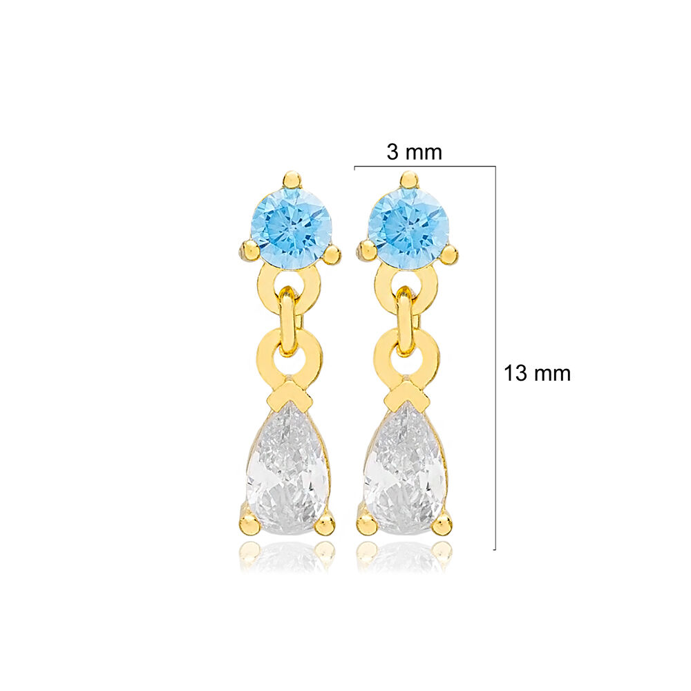Aquamarine Zircon Stone Pear Drop Shape Minimalist Stud Earrings 925 Sterling Silver Jewelry