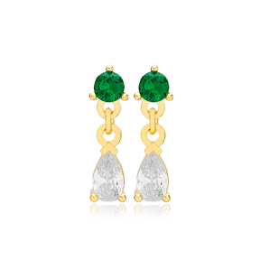 Emerald Zircon Stone Pear Drop Shape Minimalist Stud Earrings 925 Sterling Silver Jewelry