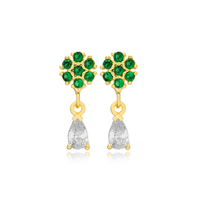Emerald Zircon Stone Flower Drop Pear Minimalist Stud Earrings 925 Sterling Silver Jewelry