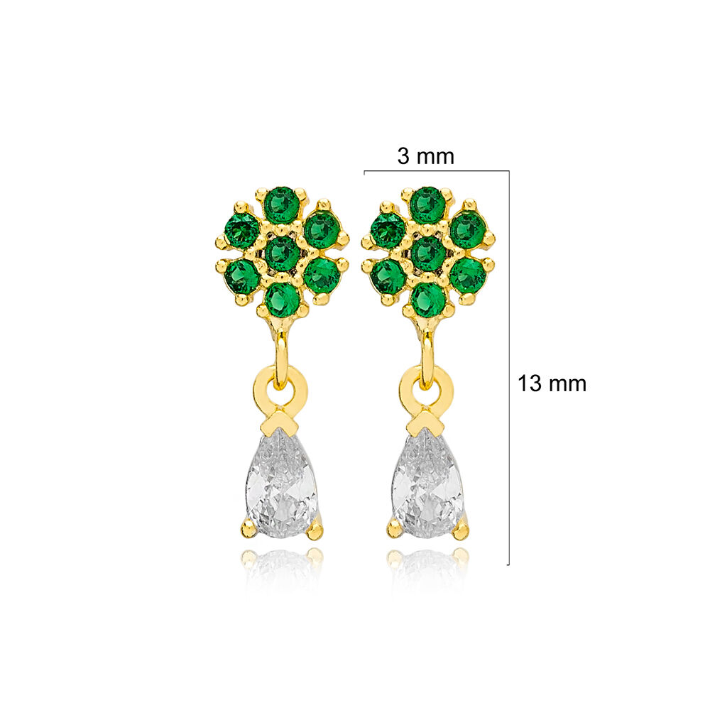 Emerald Zircon Stone Flower Drop Pear Minimalist Stud Earrings 925 Sterling Silver Jewelry
