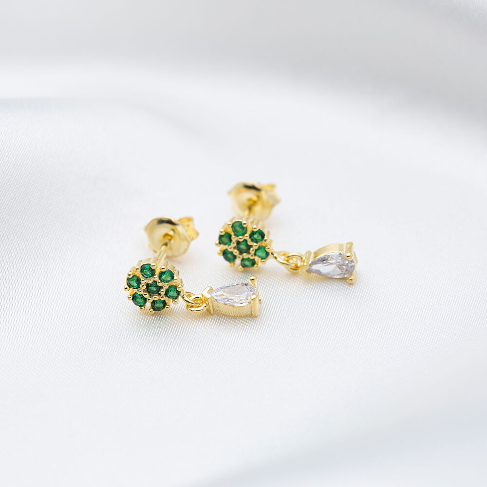 Emerald Zircon Flower Drop Pear Minimalist Stud Earrings 925 Sterling Silver Jewelry