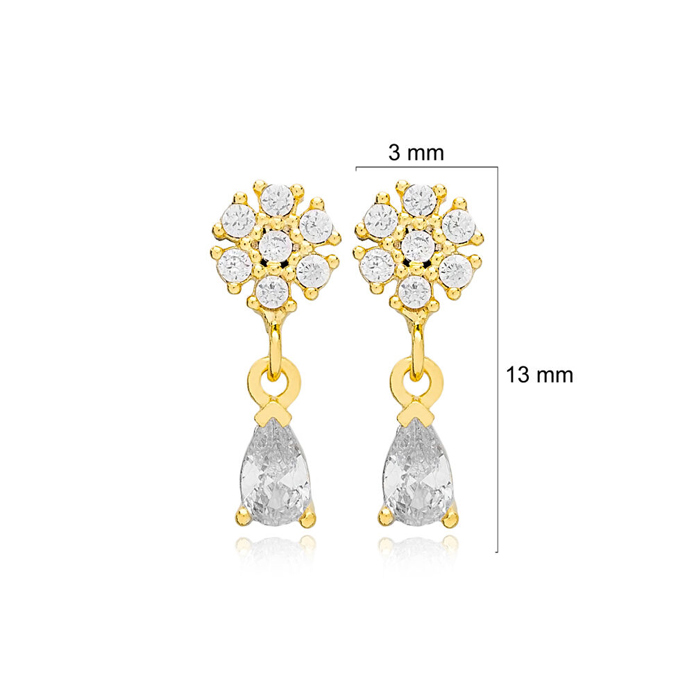 CZ Stone Flower Drop Pear Minimalist Stud Earrings Handmade 925 Sterling Silver Jewelry