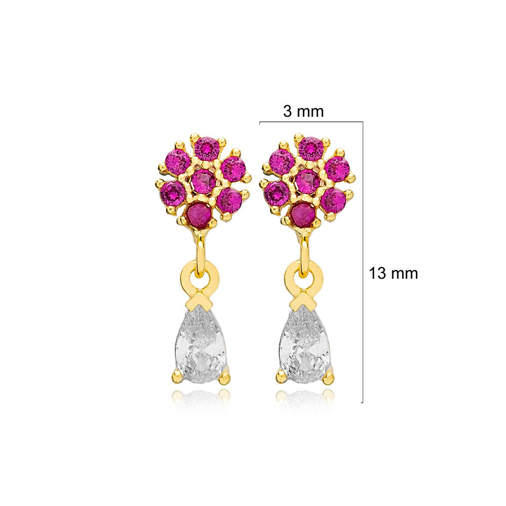 Ruby Zircon Stone Flower Drop Pear Minimalist Stud Earrings 925 Sterling Silver Jewelry