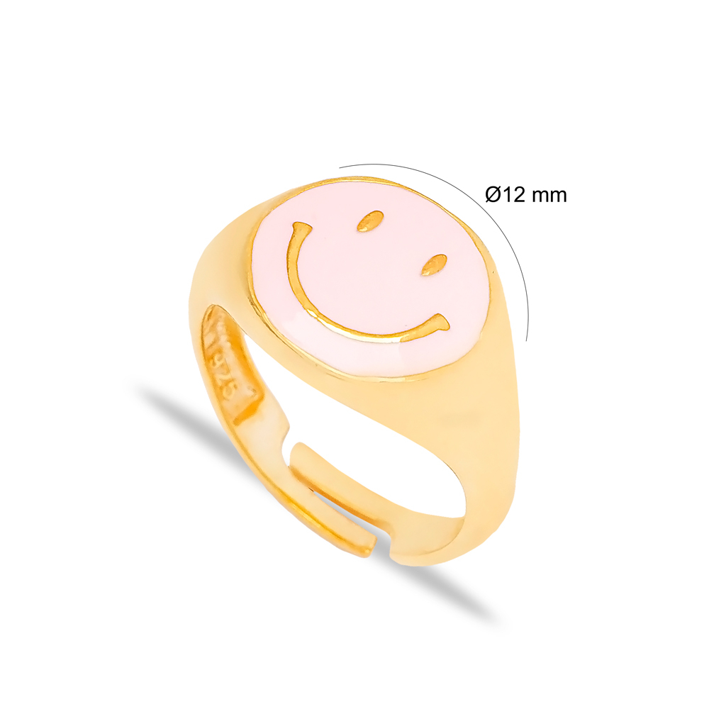 Pink Enamel Smile Design Emoji Ring Handmade Wholesale 925 Sterling Silver Jewelry