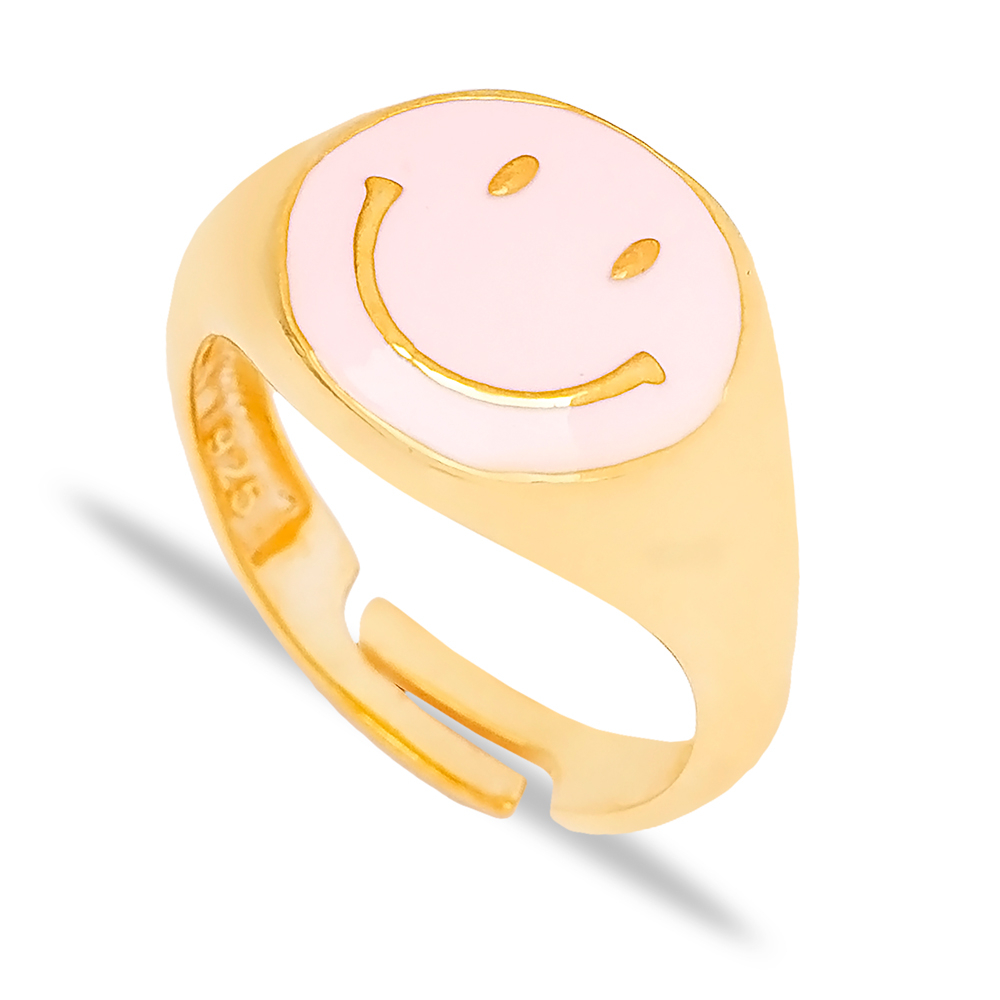 Pink Enamel Smile Design Emoji Ring Handmade Wholesale 925 Sterling Silver Jewelry