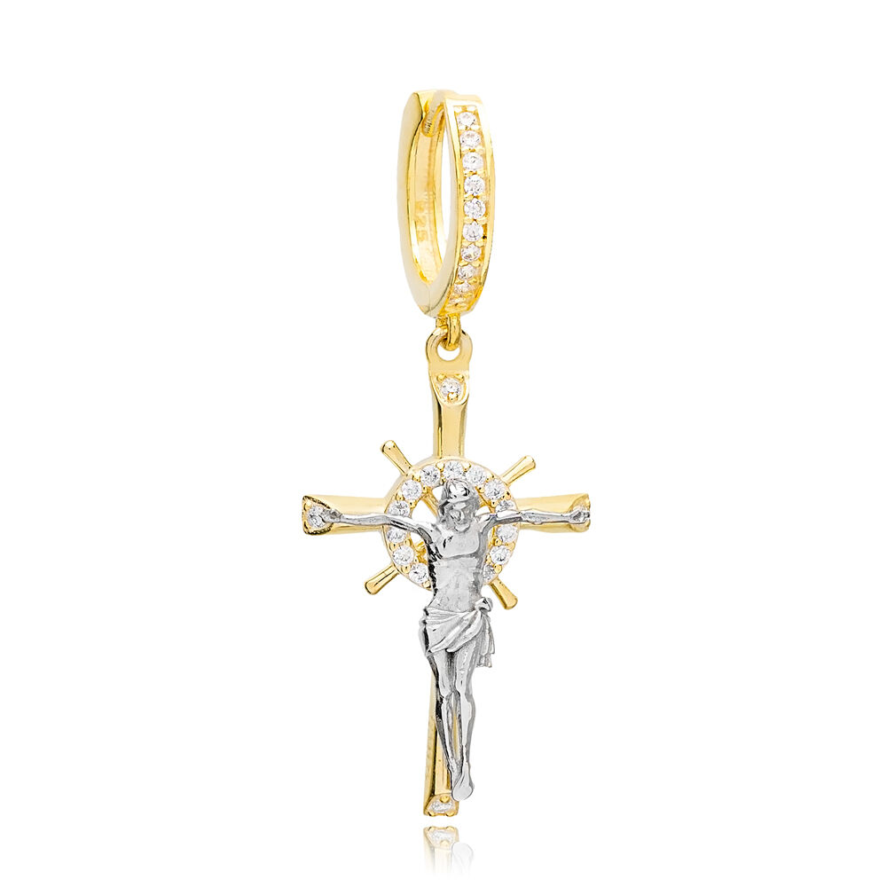 Jesus Cross Single  Dangle Earrings Wholesale Christian 925 Sterling Silver Jewelry