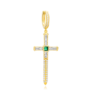 Emerald Zircon Stone Single Cross Charm Dangle Earrings 925 Sterling Silver Jewelry
