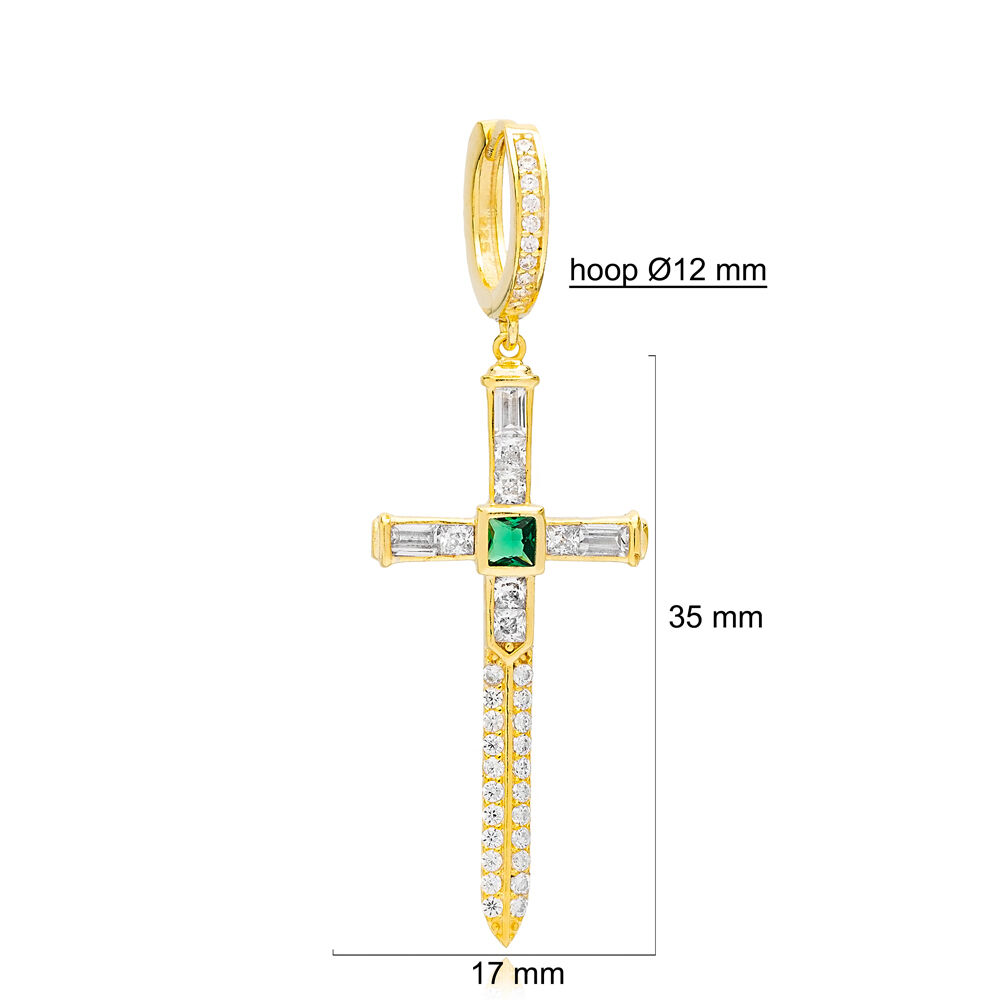 Emerald Zircon Stone Single Cross Charm Dangle Earrings 925 Sterling Silver Jewelry