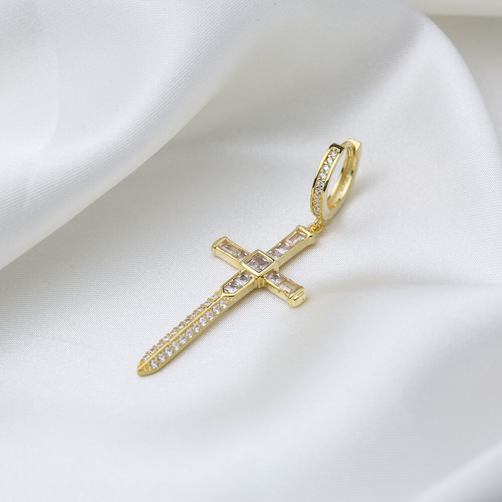 Elegant Single Cross Charm Dangle Earrings Zircon Stone 925 Sterling Silver Jewelry