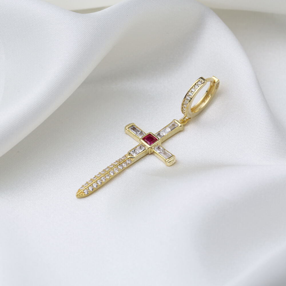 Ruby Zircon Stone Single Cross Charm Dangle Earrings 925 Sterling Silver Jewelry