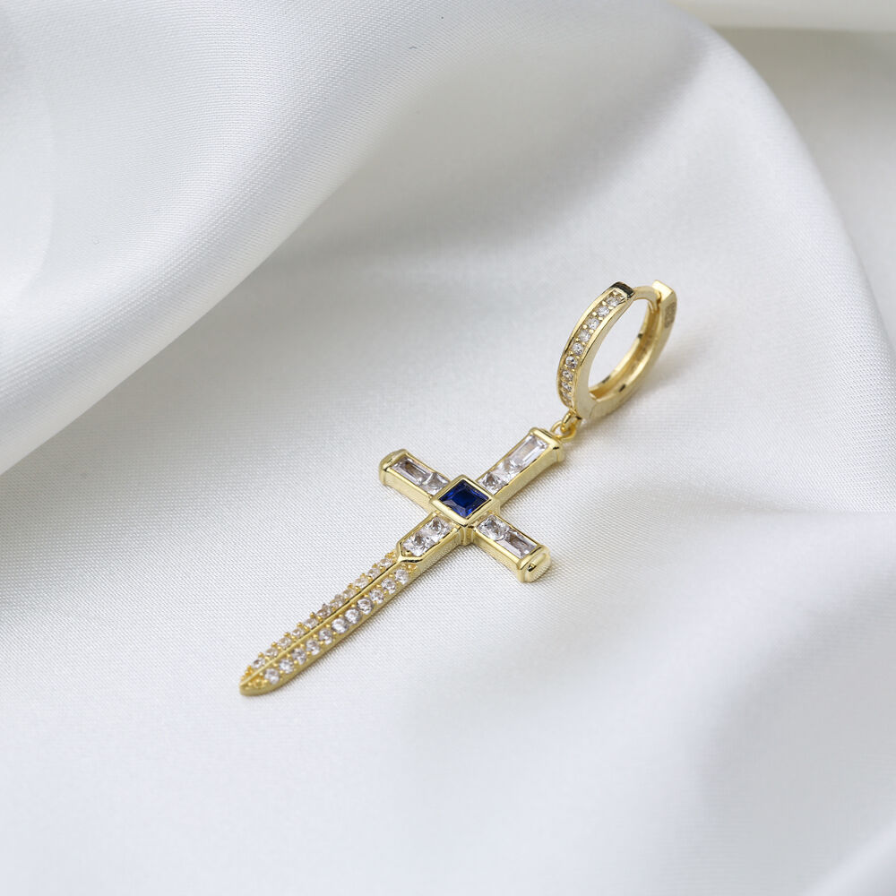 Stylish Single Cross Charm Dangle Earrings Zircon Sapphire Stone 925 Sterling Silver Jewelry
