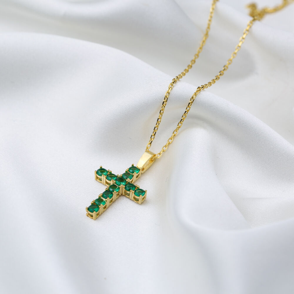 Emerald Stone Cluster Cross Design Charm Pendant Necklace Handmade 925 Sterling Silver Jewelry