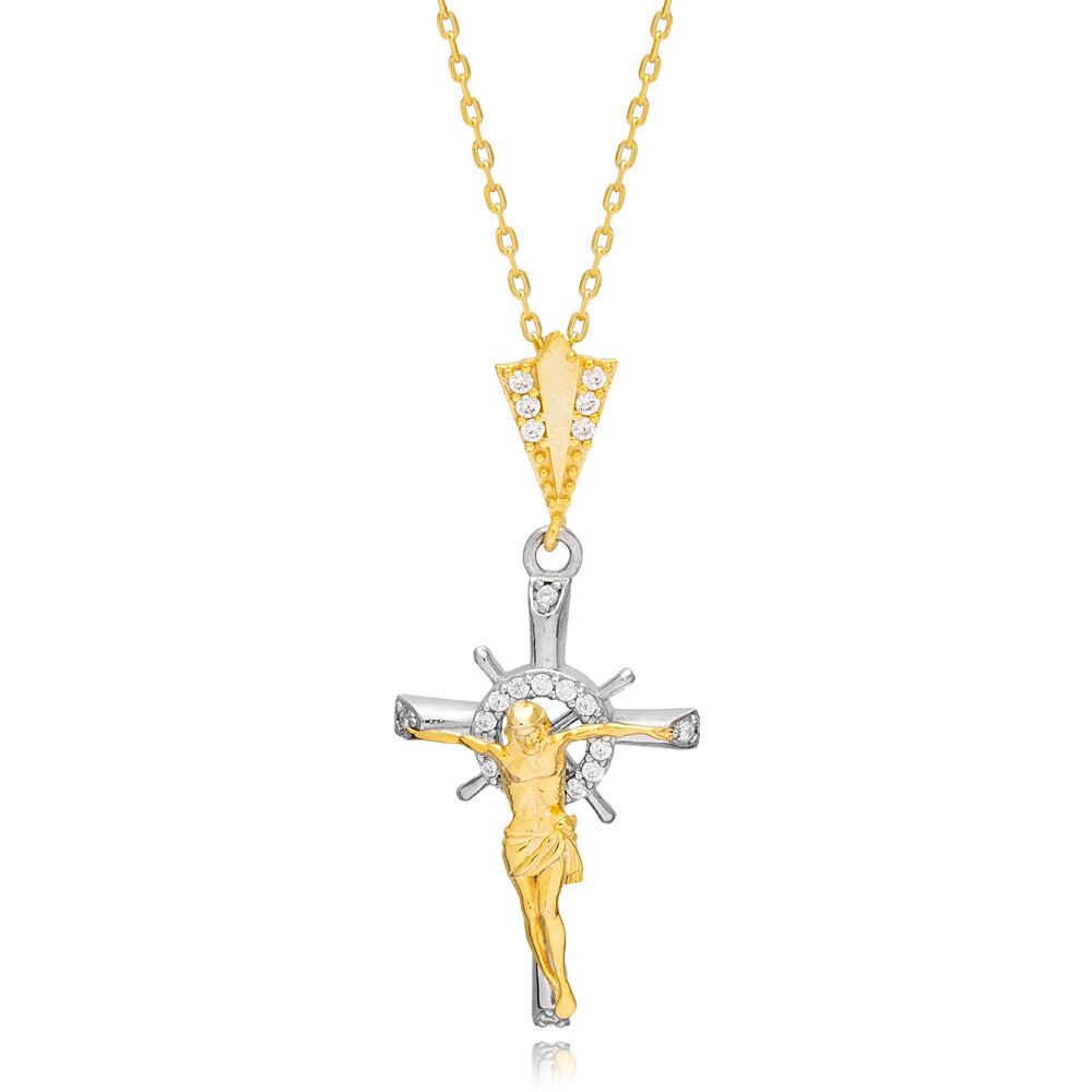 Unique Shape Jesus Cross Charm Necklace Pendant Wholesale Christian 925 Sterling Silver Jewelry