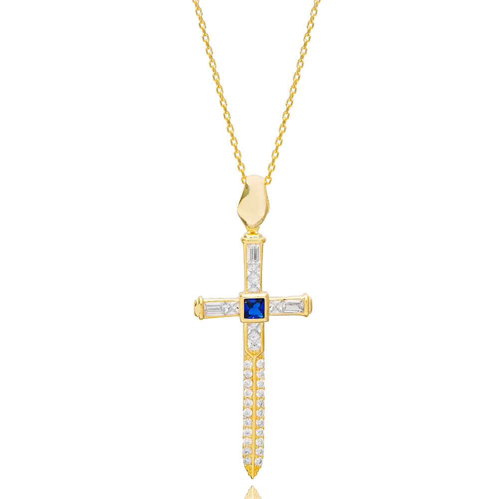 Sapphire Zircon Stone Cross Charm Pendant Necklace 925 Sterling Silver Jewelry