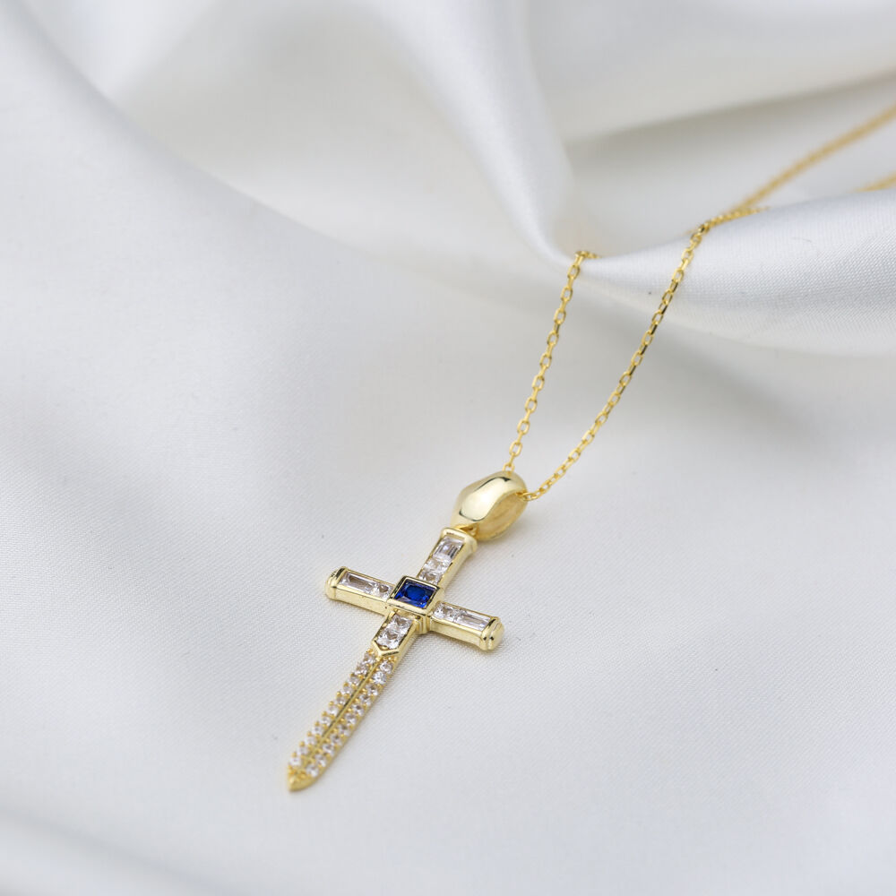 Sapphire Zircon Stone Cross Charm Pendant Necklace 925 Sterling Silver Jewelry